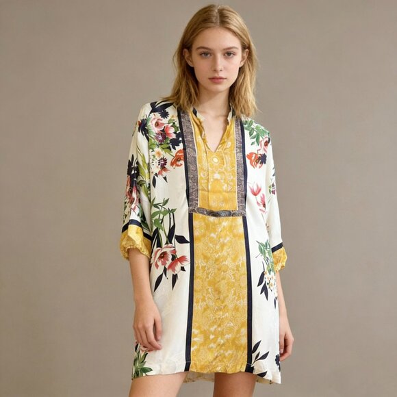 NWOT Johnny Was Jacquard Floral V-neck Mini Dress Sz S Multicolor Pockets